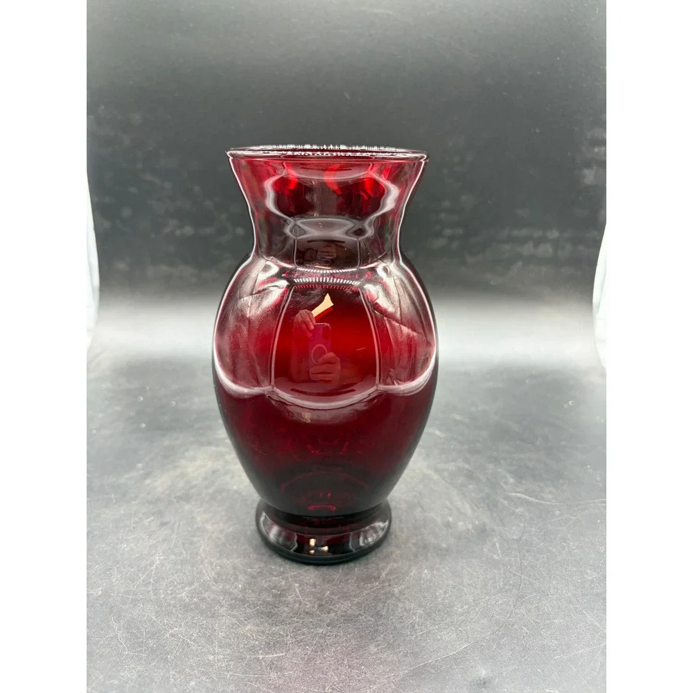 Vintage Ruby Red Glass Vase Paneled Pedestal Base Crimson Flower Bud Vase 6.25in